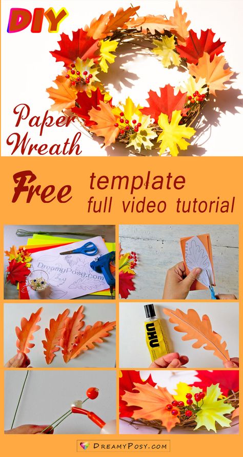 Paper wreath tutorial, with free template, so easy #paperflower #flowertutorial Paper Wreath Tutorial, Paper Wreath Diy, Fall Crafting, Thanksgiving Decorations Diy, Paper Wreath, Diy Thanksgiving, Thanksgiving Diy, Paper Leaves, Fall Garland