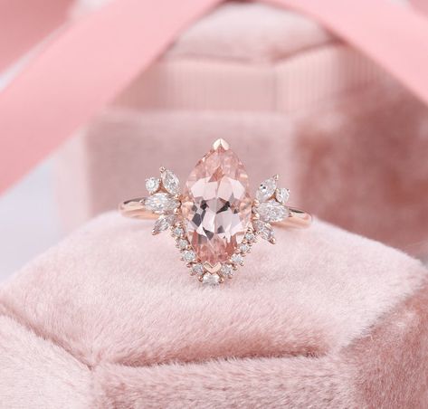 Natural Pink Morganite Rose Gold Ring Marquise Morganite | Etsy Morganite Rose Gold Ring, Marquis Engagement Rings, Cocktail Ring Diamond, Engagement Rings Art Deco, Cluster Engagement Rings, خواتم خطوبة, Rings Art Deco, Pink Diamond Engagement Ring, Rose Gold Morganite Ring