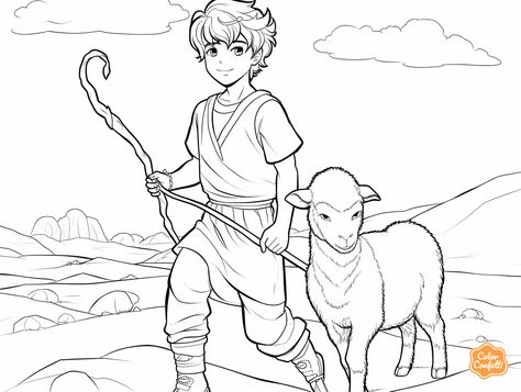 illustration of David the Shepherd Boy theme coloring David The Shepherd, David Bible, Youth Bible Study, Bible Crafts Sunday School, Countryside Life, Mandala Turtle, Boy Printable, Boy Coloring, Coloring Page For Adults