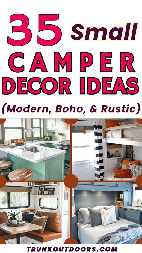 35 Small Camper Decor Ideas: Transform Your Tiny Space into a Cozy Haven Boho Campers Bohemian Style, Boho Minimalist Interior, Small Rv Kitchen Ideas, Camper Bedroom Remodel Travel Trailers, Small Camper Renovation Ideas, Small Rv Decorating Ideas, Remodeling Campers Interior, Small Camper Makeover, Camper Decor Ideas