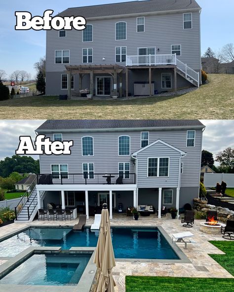 Before After Backyard, Walkout Basement Patio, Home Addition Plans, Dream Backyard Pool, Outside Pool, Sloped Backyard, Lancaster Pennsylvania, Landscape Construction, Backyard Remodel