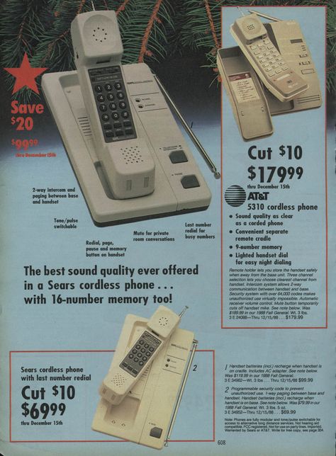 1988 Sears Christmas Catalog - cordless phones check out those prices 80s Props, 80s Images, 90s Tech, Sears Christmas Catalog, Cordless Phones, Cordless Telephone, Old Cell Phones, Separate Room, Old Commercials