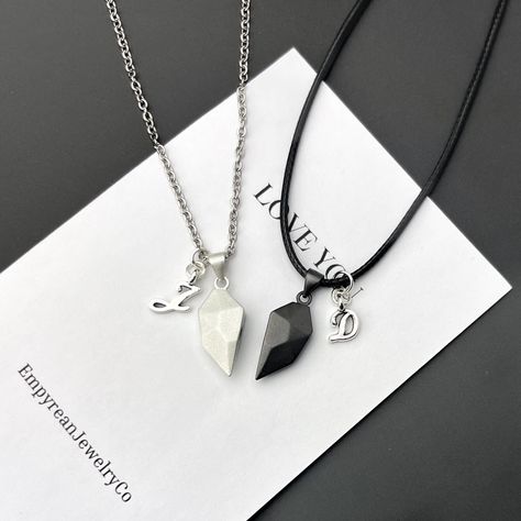 This product features two magnetic interlocking matching necklaces (two-piece) with a letter customization, the perfect gift for couples, a friend, or family member! When apart, the charms look like metallic stones. When held together with the magnet, they form a geometric heart.  CUSTOMIZATION INFORMATION: - Letter customization (required): simply list the letter you want for the corresponding necklace - * Chain customizations (optional): you may choose the type of chain on each necklace as wel Necklace For Couples, Matching Necklaces For Couples, Couples Necklace, Bff Necklace, Necklace Friendship, Friendship Necklace, Bff Necklaces, Geometric Heart, Friendship Necklaces