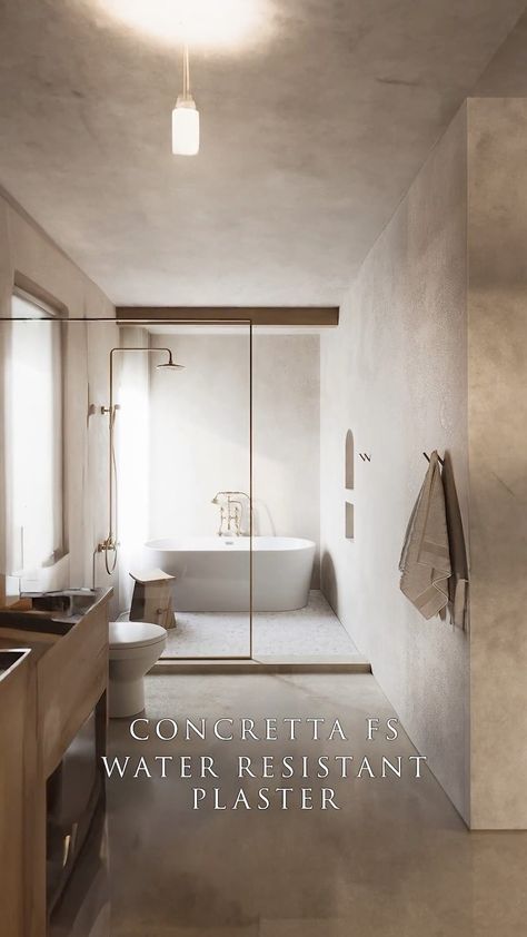 Meoded Paint & Plaster | Waterproof plaster for showers✨ Do you have old tile or marble in your showers? Look no further than Concretta, formulated to stick… | Instagram Micro Plaster Bathroom, Cement Looking Tile Bathroom, Polished Concrete Shower Walls, Plaster Bathroom Design, Grey Limewash Bathroom, Lime Plaster Shower Walls, Waterproof Plaster Shower Walls, Concretta In Bathroom, Plaster Over Tile Bathroom