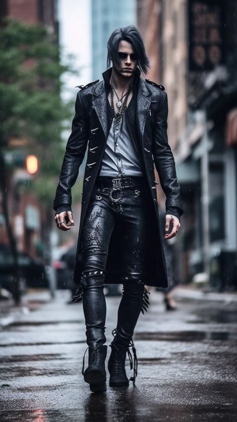 Goth man created with AI by Amanda Church Dark Witch Aesthetic Outfit Male, Incubus Outfit Male, Punk Wizard Aesthetic, Cyberpunk Suit Men, Victorian Goth Outfits Men, Modern Vampire Outfit Men, Gothic Guy, Gothic Style Men, Gothic Men Outfit