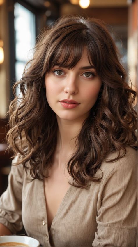 Bangs Hairstyles For Wavy Hair, Wavy Perm With Bangs, Wavy Hair With Bangs Medium, Medium Hair Cuts For Women With Round Faces Shoulder Length, Hair Styles For Medium Length With Bangs, Shoulder Length Hair Perm, Bangs Shoulder Length Hairstyle, Wavy Bangs Medium Hair, Wavy Hair And Bangs