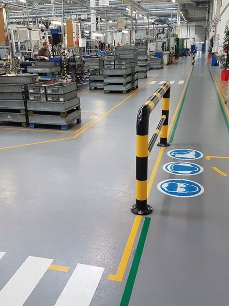 Our seamless, impact, chemical, abrasion-resistant floors do the work of ten floors. Floor Signage, Warehouse Layout, Car Showroom Design, Health And Safety Poster, Visual Management, Garage Workshop Plans, Factory Interior, Epoxy Floors, Industrial Signage