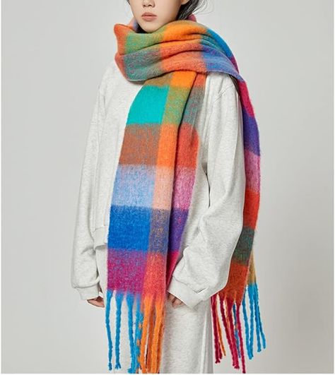 OUNIYA Large Chunky Plaid Scarf Checked Colorful Oversized Scarves Soft Big Cashmere Wool Thick Winter Warm Blanket Women Acne Studios Scarf, Blue Plaid Scarf, Scarf Aesthetic, Scarf Outfit Winter, Bright Scarf, Fall Wardrobe Staples, Mohair Scarf, Scarf Tutorial, Big Scarf