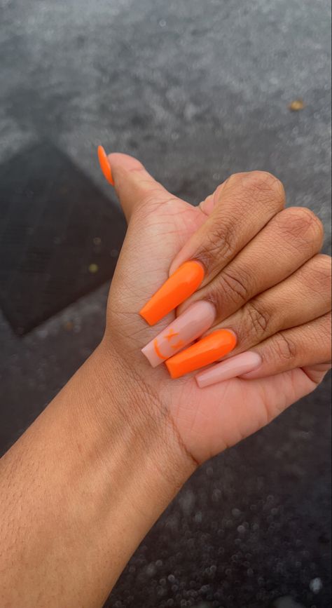 Orange Neutral Nails, Orange N White Nails, Solid Color Nails Orange, Plain Orange Nails Acrylic, Square Acrylic Nails Bright Colors, Trendy Orange Nails Acrylic, Orange Full Set Nails, Long Nails Orange, Tangerine Color Nails