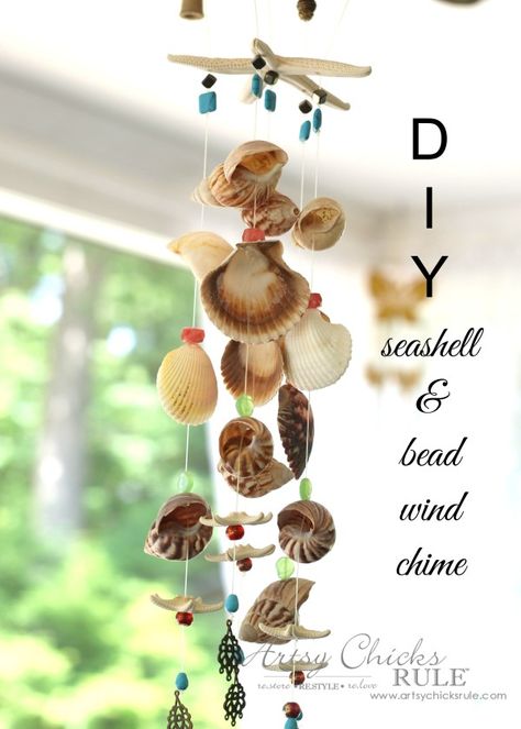 DIY Seashell Wind Chime - Seashells - #windchime artsychicksrule Seashell Wind Chime, Seashell Wind Chimes, Sea Shells Diy, Shell Wind Chimes, Seashell Projects, Diy Wind Chimes, Diy Crafts For Adults, Shell Crafts Diy, Beach Diy