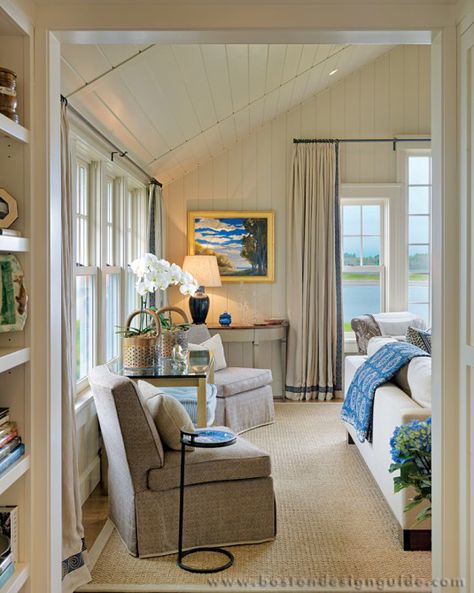 A Maine Escape: Built by Woodmeister Master Builders, Interior Design by Anthony Catalfano Interiors, Home Integration by Maverick Integration, Landscape Architecture by Brian Frazier Design, Photos by Richard Mandelkorn Maine Living Room, East Coast Interior Design, New England Home Interiors, Maine Cottage Interiors, Sunporch Ideas, New England Interior Design, New England Interior, Maine Decor, Seaside Apartment