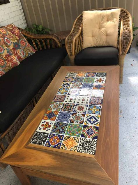 Mexican Tile Table Top Diy, Talavera Tile Table, Mexican Tile Coffee Table, Talavera Table, Vintage Tile Table, Mexican Tile Table, Tile Patio Table, Inlaid Tile Table, Industrial Apartment Decor