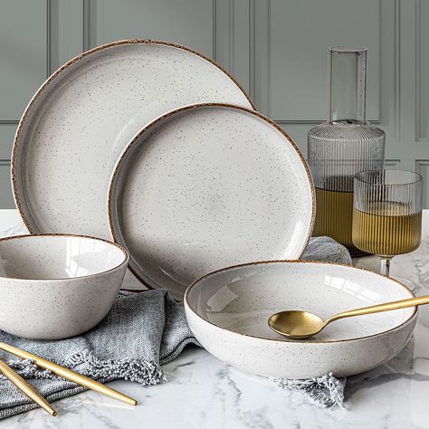 Over & Back Stoneware Dinnerware Set, 16 Piece in 2 Colours - White Cute Plates And Bowls Set, Plateware Set, Dinner Sets Dinnerware, Kitchen Plates Set, House Equipment, Plate And Bowl Set, Dinnerware Set Modern, Dinner Bowl, Palm Leaf Plates