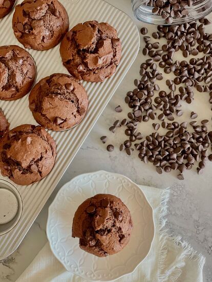 Let's talk about chocolate chip muffins. DOUBLE CHOCOLATE that is! My little nephew Mandito is a lover of all things chocolate, double chocolate actually. I can jump on that chocolate train along with him. I am a chocolate fanatic as well! He absolutely loved these. I took myself a muffin to work, to go alongside my morning coffee. They have a hint of mashed banana to add a little moisture, and extra sweetness.But, if you don't have ripened bananas on hand, you can swap it out for sour… Marshmallow Fluff Fruit Dip, Chocolate Chip Banana Muffins, Almond Flour Muffins, Banana Chocolate Chip Cookies, Blueberry Banana Bread, Chocolate Banana Muffins, Muffins Recipes, Eggless Recipes, Double Chocolate Chip Cookies