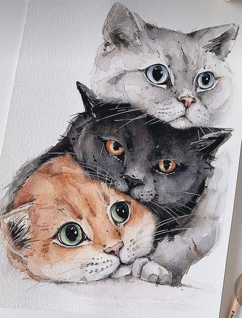 Akvarel Illustration, Cats Art Drawing, Watercolor Blog, 강아지 그림, Image Chat, Three Cats, Watercolor Cat, Watercolor Art Lessons, Arte Sketchbook