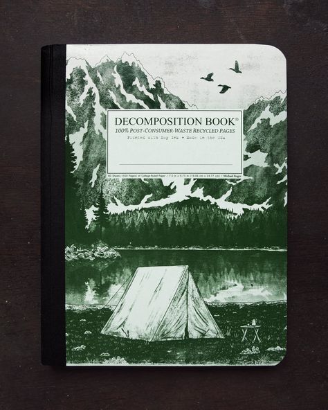 Notebook cover design for Decomposition Book that depicts a camping tent setup along the bank of a mountain lake. These notebooks are 100% post-consumer waste and can be found at stores like Target and Walmart. Designed by Nicholas Moegly. #notebook #cover #camping #tent #mountains Decomposition Book, Decomposition Notebook, Recycled Notebook, Notebook Cover Design, Book Cover Template, Ruled Paper, Pop Up Event, Composition Notebook, Mountain Lake