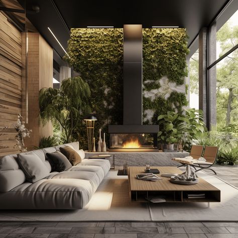 Biophilic Design Modern Luxury Living Room Idea Image Modern Futuristic Living Room, Biophilic Design Interiors Home, Biophilic Living Room, Biophilic Design Interiors, Luxury Living Room Ideas, Biophilic Interior, Painted Windows, Modern Luxury Living Room, Zen Room