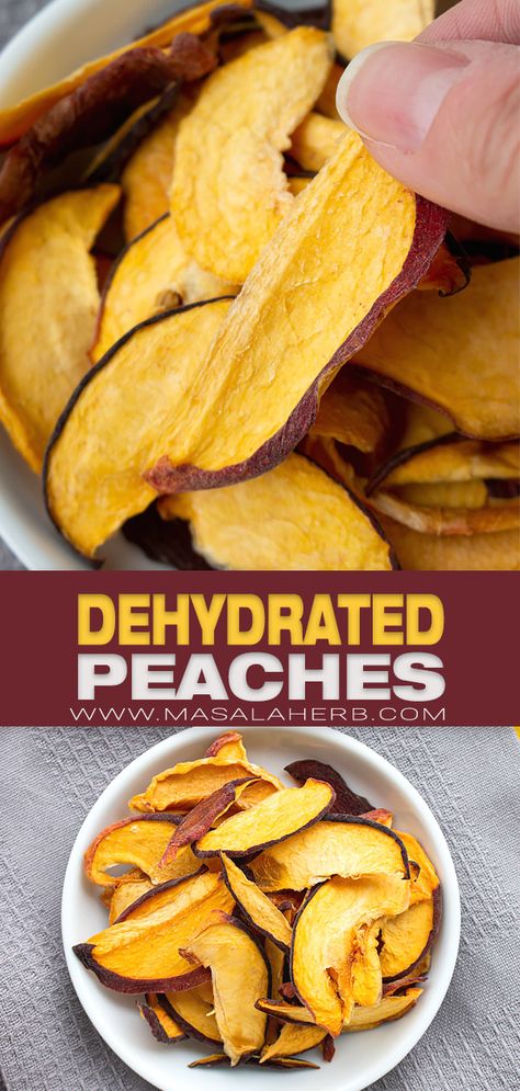 Dehydrated Peach - Dried peach chips are easy to prepare at home. Besides they make a great healthy snack, which is also very kid friendly. Learn how to dehydrate peaches to preserve all your beautiful fruits for the coming months! www.MasalaHerb.com Dehydrated Peaches, Dehydrated Peaches In Air Fryer, Dehydrated Peaches In Dehydrator, Dehydrated Apricots In Dehydrator, Dehydrated Apple Chips In Dehydrator, Dehydrated Bananas In Dehydrator, Christmas Side Dish Recipes, Vegetable Side Dishes Healthy, Dried Peaches