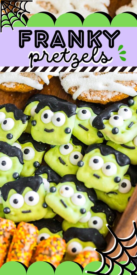 Need a fun Halloween treat that's fast and adorable? These Frankenstein Pretzels are the perfect addition to your Halloween Charcuterie Boards and Dessert Boards. Click to get easy tutorial. Frankenstein Charcuterie Board, Frankenstein Pretzels, Frankenstein Treats, Halloween Dessert Board, Halloween Charcuterie Boards, Halloween Pretzels Rods, Candy Corn Mix, Brownie Batter Dip, Candy Corn Recipe