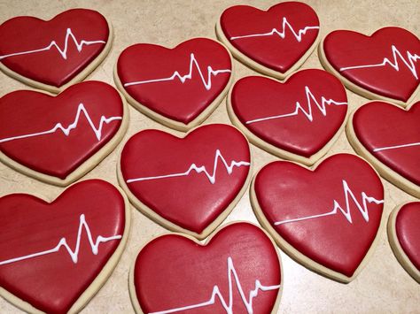 Heart with ECG Heartbeat Cookies, Ems Cookies, Anatomical Heart Cookies, Healthcare Cookies, Pinterest Heart Cookies, Homemade Sugar Cookies, Heart Party, Heart Cookies, Cookie Designs