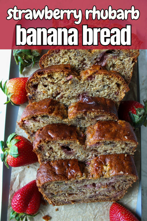 This strawberry rhubarb banana bread turns banana bread into a seasonal favorite. It takes everything you love about buttery and moist banana bread and adds sweet strawberries and tart rhubarb to the mix. Rhubarb Banana Bread, Banana Rhubarb, Strawberry Rhubarb Recipes, Rhubarb Bread, Blueberry Rhubarb, Strawberry Banana Bread, Buttermilk Bread, Just Pies, Strawberry Bread