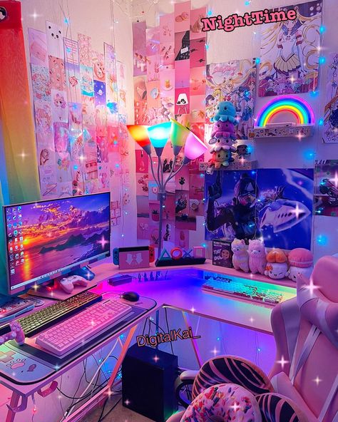 Cute Gaming Room, Gamer Girl Room, Anime Bedroom Ideas, Games Room Inspiration, Kawaii Bedroom, Gamer Room Decor, Otaku Room, Video Game Room Design, Gaming Setups