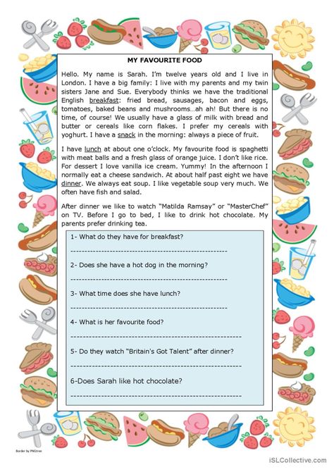 My Favourite Food reading for detail…: English ESL worksheets pdf & doc Food Worksheet, Food Lessons, Healthy And Unhealthy Food, Esl Reading, Meals Of The Day, Food Vocabulary, English Teaching Materials, Language Goals, English File