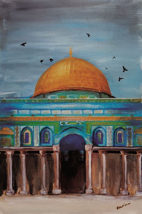 visit my youtube channel to see how I made it. thank you  #acrylicpainting #domeoftherock Masjidil Aqsa, Mosque Art, Islamic Art Canvas, Dome Of The Rock, Islamic Caligraphy Art, Islamic Calligraphy Painting, Caligraphy Art, Islamic Art Pattern, Architecture Painting