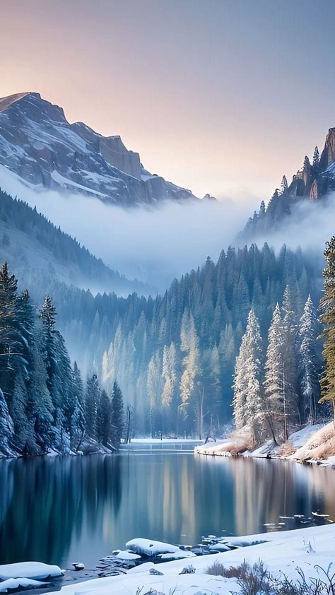 Rainfall Painting, Christmas Landscape Photography, Misty Scenery, Snow Mountain Aesthetic, Winter Photography Nature, Natural Wallpapers, Beautiful Winter Pictures, Winter Landscape Photography, Scenery Pictures