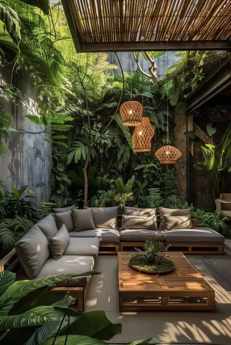 Open Terrace Ideas India, Small Patio Plants, Terrace Wall Design, Rooftop Garden Architecture, Tropical Patio Ideas, Small Terrace Ideas, Boho Exterior House, Bali Backyard, Office Garden Outdoor