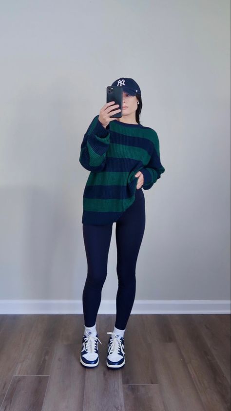 dunk low midnight navy styled | casusl fall outfit | blue and green striped sweater #ad Dunk Outfit Women, Nike Dunk Low Vintage Navy, Blue Stripes Outfit, Low Dunks Outfit, Navy Sweater Outfit, Blue Sneakers Outfit, Dunk Low Outfit Women, Green Sweater Outfit, Blue Sweater Outfit