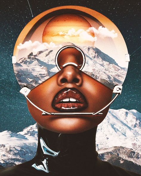 Autumn Keiko Polk Part of "The Landing" series 2019 Autumn Keiko Polk is a communication designer and art director based in Los Angeles, USA. One of her series, The Landing, is an Afrofuturism-inspired series of collages and photo manipulations. The series is a look at "the beauty of black women in a world outside of the one we are boxed into." The collages also take many visual cues from classic sci-fi book covers and film posters in the 70s and 80s. Artist Space, Sci Fi Book, Afrofuturism Art, Futurism Art, Art Investment, Artistic Space, Afrocentric Art, Los Angeles Usa, Artwork Online