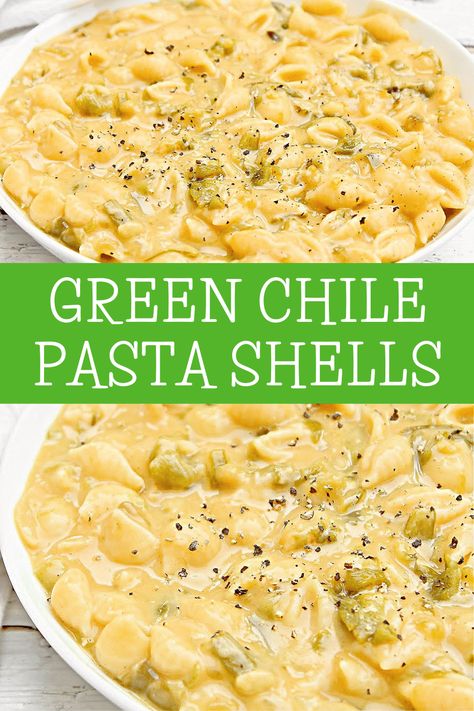 Green Chile Pasta ~ Tender pasta shells coated in a creamy cheese sauce infused with the subtle heat of green chiles. Easy weeknight dinner! Green Chili Alfredo Sauce, Creamy Green Chili Mac And Cheese, Green Chili Chicken Mac And Cheese, Green Chile Chicken Pasta, Green Chili Pasta Recipes, Green Chile Cheese Baked Pasta, Recipes With Green Chiles, Green Chili Cheese Baked Pasta, Recipes With Green Chilis