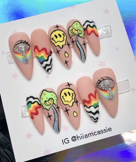 Trippy Nails Acrylic, Edc Nails Designs, Trippy Nail Designs, Pink Nails 2023, Edc Nails, Trippy Nail Art, Hippie Nail Art, Short Nails Design, Nails Inspiration Pink