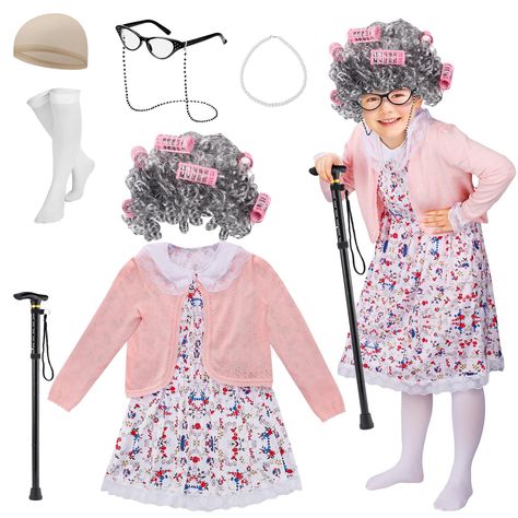 PRICES MAY VARY. Complete Grandma Ensemble: Our set includes a granny wig, floral dress, 6 hair rollers, cozy old lady cardigan sweater, flesh-toned wig cap, granny glasses, glasses chain, faux pearl necklace, adjustable granny cane, and knee-high socks. Everything you need for the perfect granny transformation! Quality and Comfort: We take pride in offering a high-quality outfit for old lady costume for kids. The cardigan is made of high-quality knitted cotton and the dress is made of polyester Grandma Halloween Costume, Granny Wig, Grandma Costume, Granny Glasses, Granny Dress, Old Lady Costume, School Costume, Baby Costumes Girl, Costume For Girls