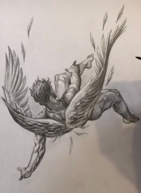 Falling Angel Reference Pose, Men Silhouette Drawing, Drawing Wings Reference, Guy Falling Drawing, Icarus Falling Painting, Male Fallen Angel Art, Falling Angel Sketch, Icuris Falling Art, Falling Angel Painting