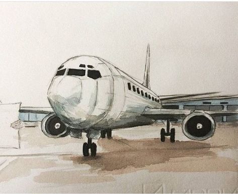 Airplane Perspective Drawing, Plane Watercolor Painting, Plane Art Drawing, Airplane Drawing Sketches, Airplanes Drawing, Aviation Drawing, Airport Drawing, Aeroplane Drawing, Plane Watercolor