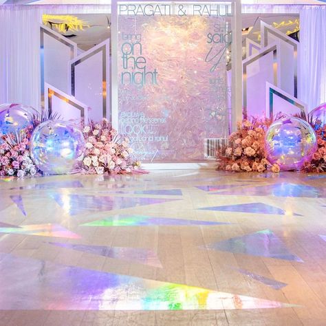 Iridescent Table Setting, Fashion Show Runway Stage Design, Iridescent Party Theme, Event Backdrop Design Ideas, Iridescent Decor Party, Hologram Design, Diamond Theme Party, Iridescent Decor, Iridescent Party