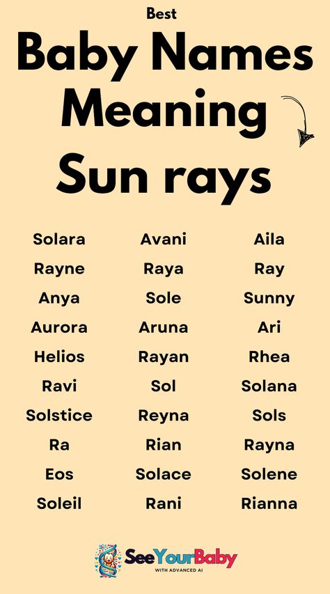 Looking for a baby name that's as bright and warm as the sun? ✨ We've curated a list of beautiful names meaning 'sun rays' that are perfect for your little bundle of joy! From classic to unique, find the perfect name that captures your baby's radiant personality. Sun Names Girl, Desert Names, Baby Names Meaning, Summer Hobbies, Sun Names, What Your Name, Boy Name Meanings, Meaning Of Your Name, Names Meaning