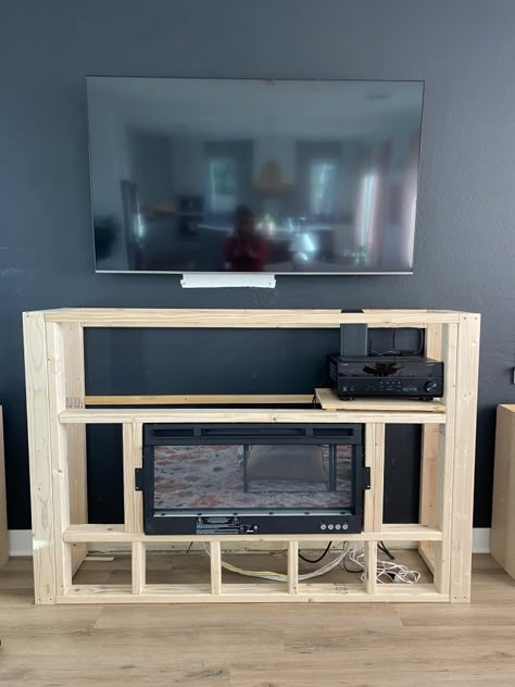 Electric Fireplace With Mantle And Bench, Electric Fireplace Console Living Rooms, Fireplace Insert Living Room, Electric Fireplace Frames, Fireplace Tv Console Ideas, Built In Tv Wall Unit With Fireplace Diy, Transitional Electric Fireplace Ideas, Diy Fireplace Media Console, Diy Electric Fireplace Entertainment Center