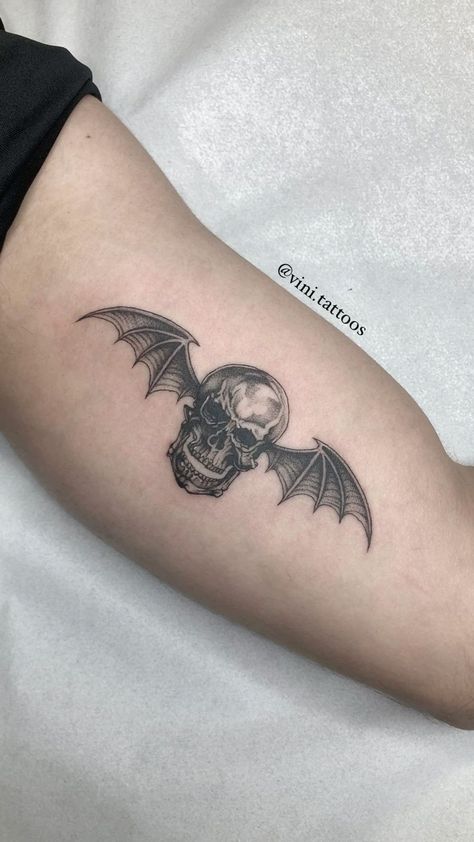 Deathbat Tattoo Avenged Sevenfold, Metal Tattoos For Guys, Avenge Sevenfold Tattoo, Avenged Sevenfold Tattoo Ideas, Gothic Forearm Tattoo, Metal Band Tattoos, Heavy Metal Tattoo Ideas, Megadeth Tattoo, Falling In Reverse Tattoos