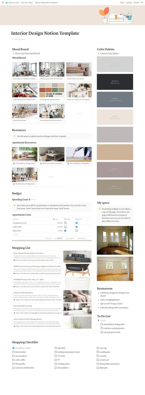 Interior Design Notion Template, Digital Design Project Planner, Room and Apartment Planner for Notion Notion Mood Board, Design Project Planner, Productivity Board, Organizing Apps, Notion Inspiration, Notion Setup, Shopping List Template, Notion Ideas, Digital Minimalism