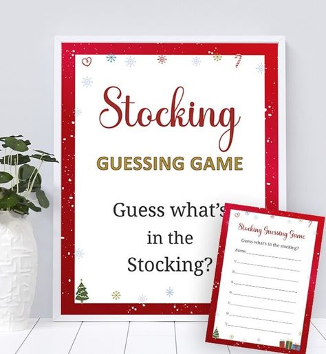 Stocking Guessing Game | Christmas Party Game Printable Christmas Stocking Guessing Game, What’s In The Christmas Stocking Game, Stocking Guessing Game, Guess Whats In The Stocking Game, Guessing Jar Ideas Christmas, Christmas Sock Game, Christmas Guessing Games Jar, Party Guessing Games, Christmas Guessing Games