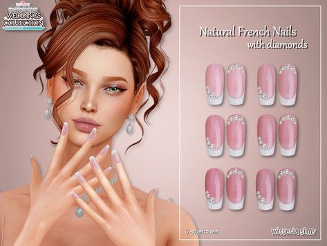 The Sims Resource - Natural French Nails with diamonds French With Diamonds, Ts4 Cc Nails, French Nails With Diamonds, Sims4 Nails, Sims Nails, Dark Academia Nails, Natural French Nails, Cc Nails, Sims Accessories