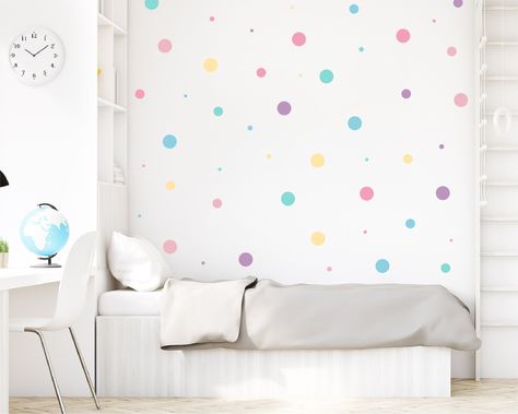 Rainbow Polka Dot Wall, Pastel Rainbow Nursery, Clean Walls, Rainbow Playroom, Cream Pastel, Mint Pastel, Rainbow Wall Decal, Wall Sticker Design, Muted Rainbow