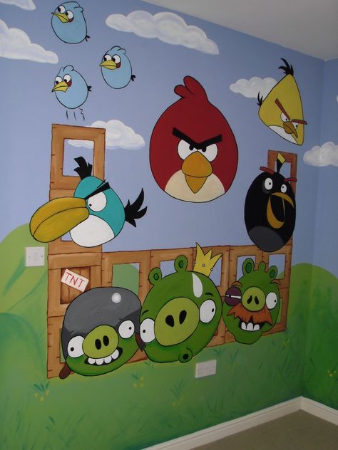 Angry Birds, Kid's Room Wall Mural www.custommurals.co.uk Bird Bedroom, Kids Room Wall Murals, Scrapbook Photos, Room Wall Mural, Scandinavian Design Bedroom, Angry Birds Party, Angry Birds Star Wars, Dance Themes