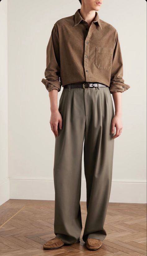 Shirt And Trousers Men Outfits, Pleated Pants Outfit, Wide Pants Outfit, Palazzo Pants Outfit, Fit Inspired, Pants Outfit Men, Shoe Ideas, Flowy Shirt, Mens Casual Dress Outfits