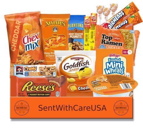 🧡 Orange Themed Gift Box - https://etsy.me/3zkYRsE Surprise someone you love with our clever orange color themed snack boxes. #orange #snackbox #snackcarepackage #orangesnacks #orangegifts #orangegiftbox #orangeyouglad #giftsforhim #outoftheblue Birthday Gifts For Family, Summer Gift Baskets, Blue Snacks, Sunshine Committee, Cheddar Potatoes, Honey Roasted Peanuts, Orange Green Purple, Snack Boxes, Long Distance Friends