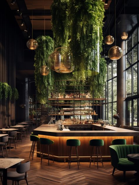 Modern Luxury Meets Nature: The Emerald and Wood Coffee Shop Design Cozy Restaurant Aesthetic, Cafe Lounge Design, Moody Coffee Shop, Green Coffee Shop, Fancy Coffee Shop, Industrial Coffee Shop, Bank Project, Cat Office, Luxury Cafe