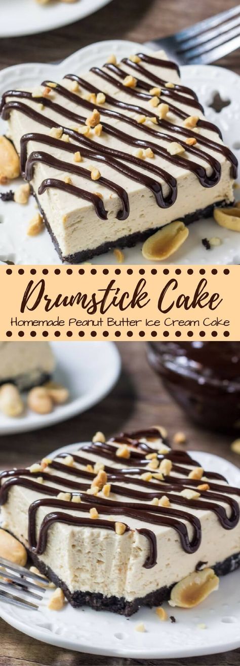 Drumstick cake is an easy, homemade, no bake peanut butter ice cream cake with all the flavor of drumstick ice cream cones. With an Oreo crust, fudge sauce & peanuts - if you love buster bars you definitely need to try this! Drumstick Cake, Peanut Butter Ice Cream Cake, Chocolate Frosting Easy, Buster Bars, Drumstick Ice Cream, Creole Chicken, Butter Ice Cream, No Bake Peanut Butter, Peanut Butter Ice Cream